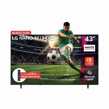 Vista frontal de TV LG NANO 4K UHD AI NU855 de 43 pulgadas 2026 43NU855BPSA